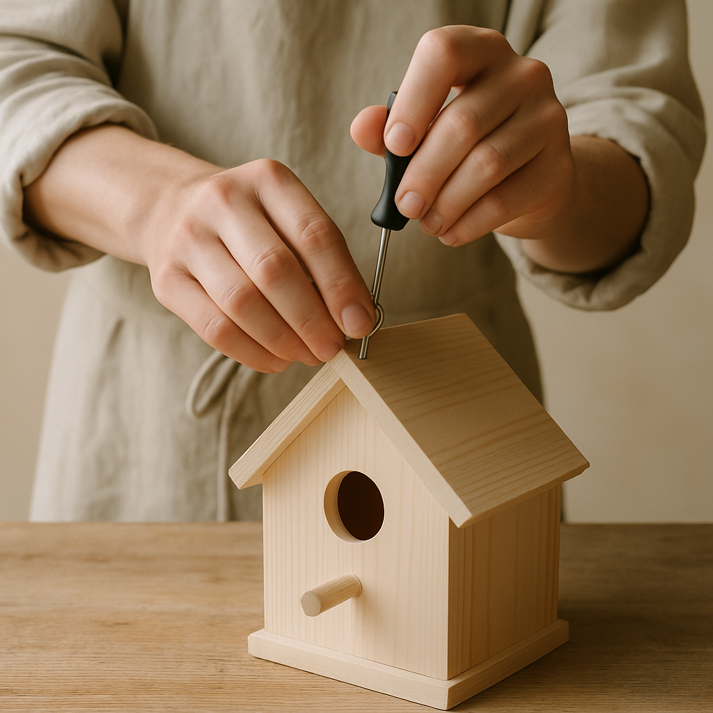 Adult hands in a linen apron screw an eye hook into the peak of a pale pine Timberland Bird Abode roof on an oak table.