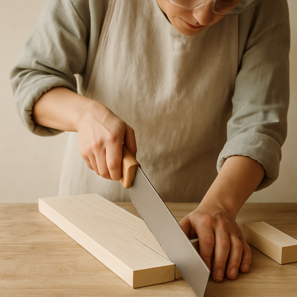 Adult hands in an apron and safety glasses are sawing a marked pale pine board on a light wood table for a Timberland Bird Abode.