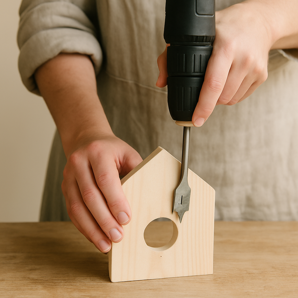 Adult hands in a linen apron use a drill with a spade bit to create an entrance hole in a pale pine birdhouse front.