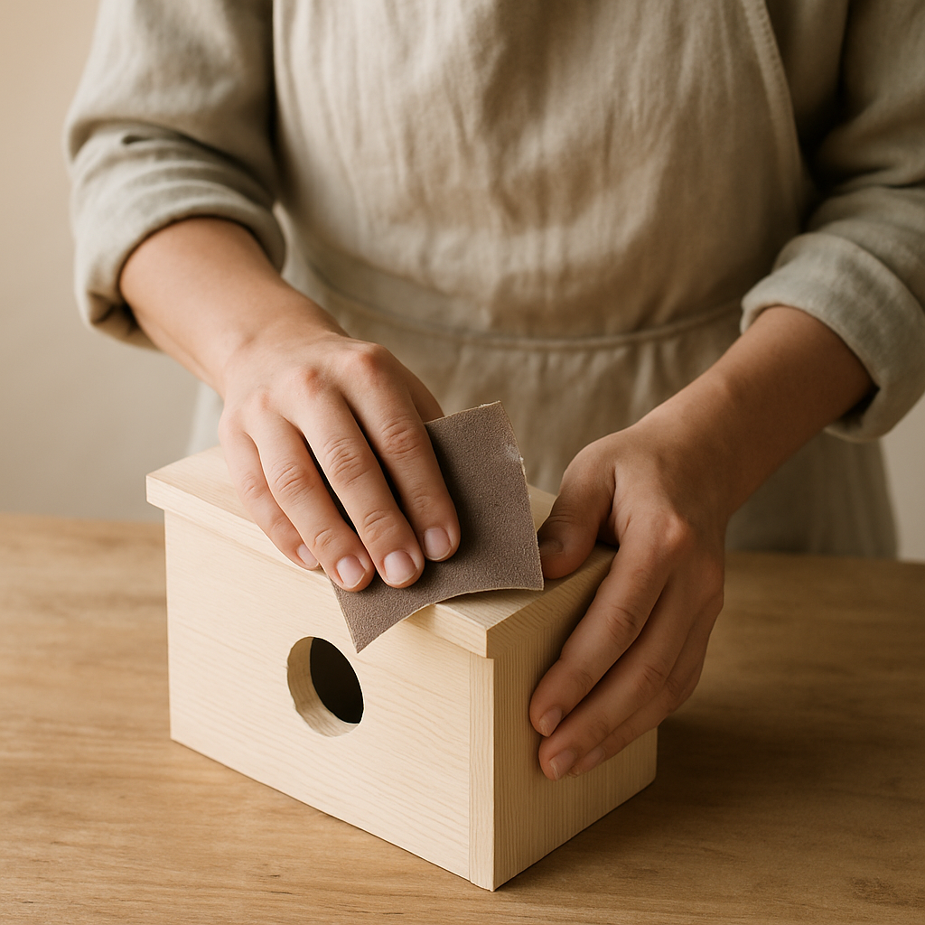 Adult hands in a linen apron sand the top edge of a pale pine Timberland Bird Abode on a warm oak table.