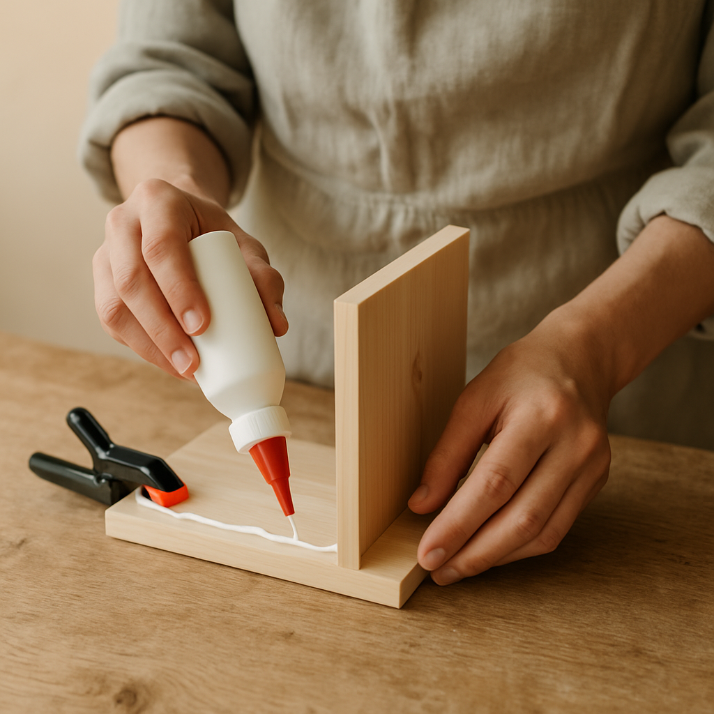 Hands in linen apron apply wood glue to the bottom edge of a pale pine side piece for a Timberland Bird Abode on an oak table.