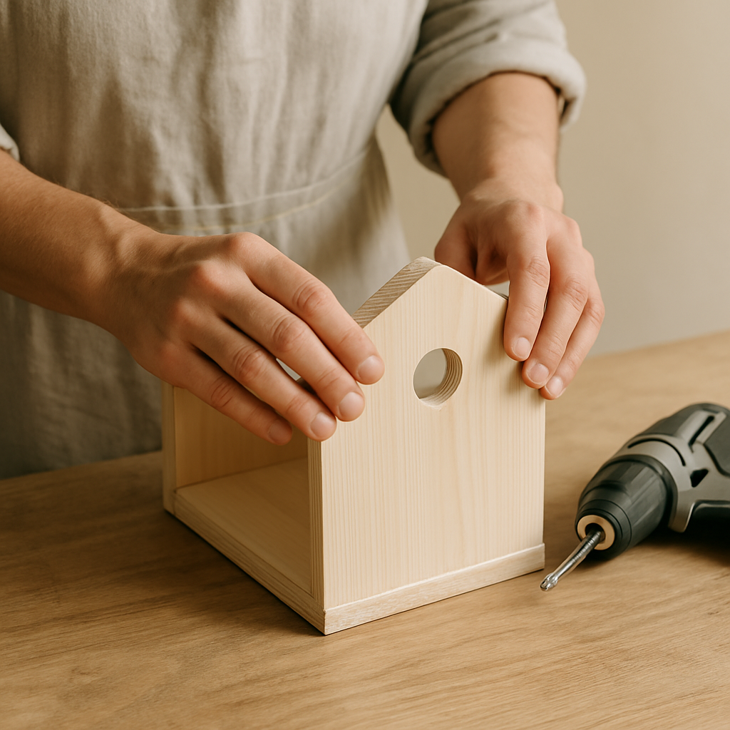 Adult hands position the pale pine front panel of a Timberland Bird Abode onto the assembled floor and side pieces, aligning the entrance hole.