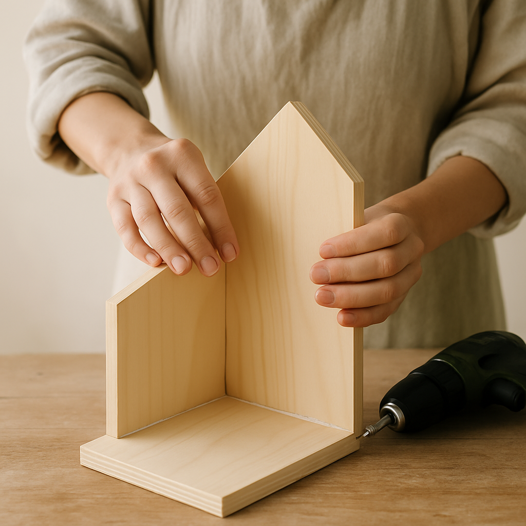 Adult hands in linen attach a pale pine back piece to a Timberland Bird Abode, with visible wood glue and a drill screwing it in.
