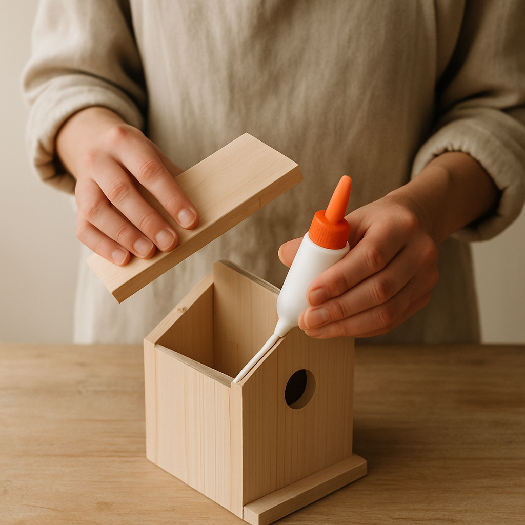 Hands apply wood glue to the angled top edge of a wooden Timberland Bird Abode side piece. A roof piece is held above.