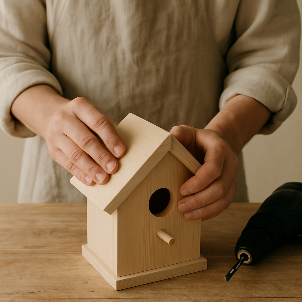 Adult hands in a linen apron position the second pale pine roof piece onto a wooden Timberland Bird Abode. A drill lies on the table.