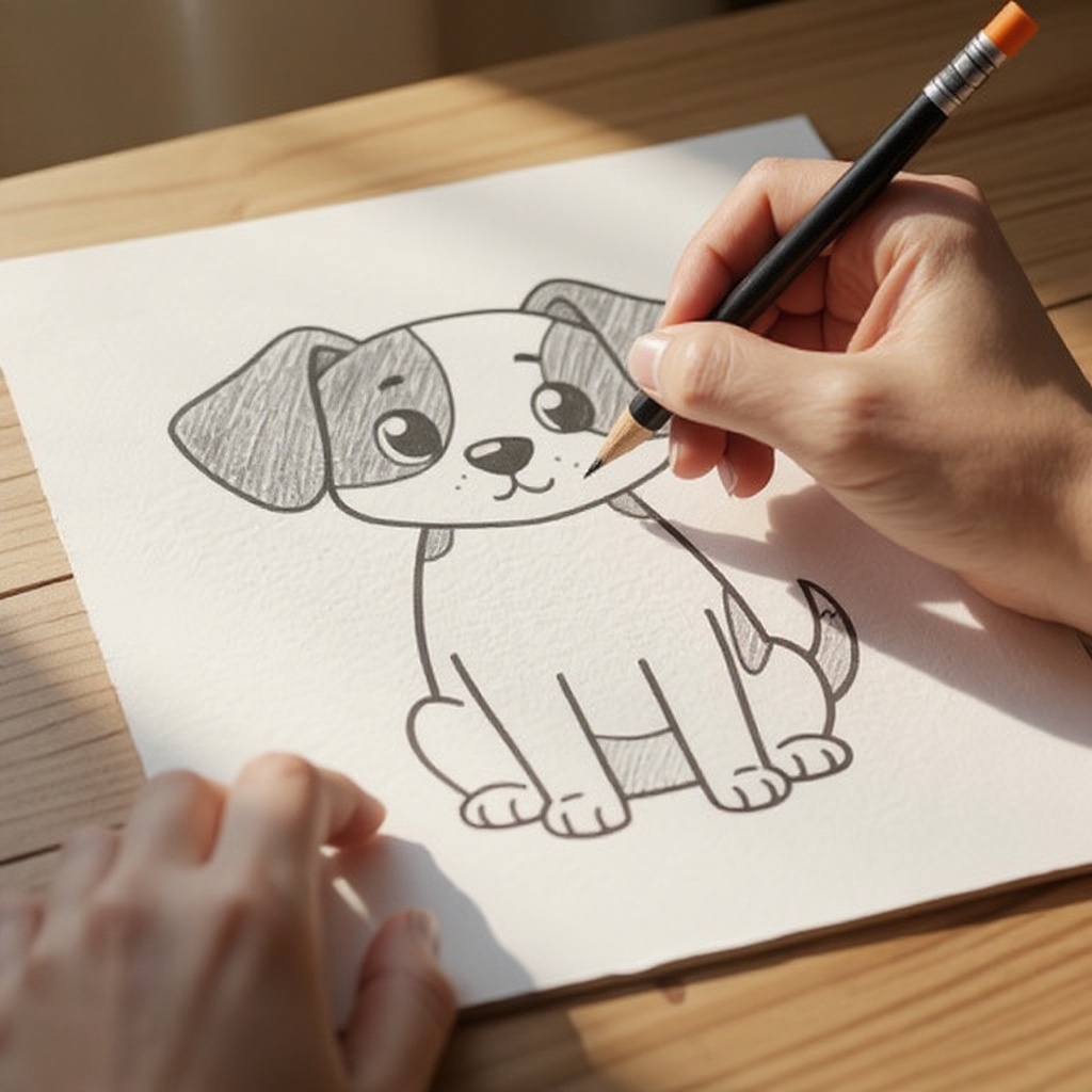 Step 4: Add two small circles on top of the head oval for the ears, letting them droop s