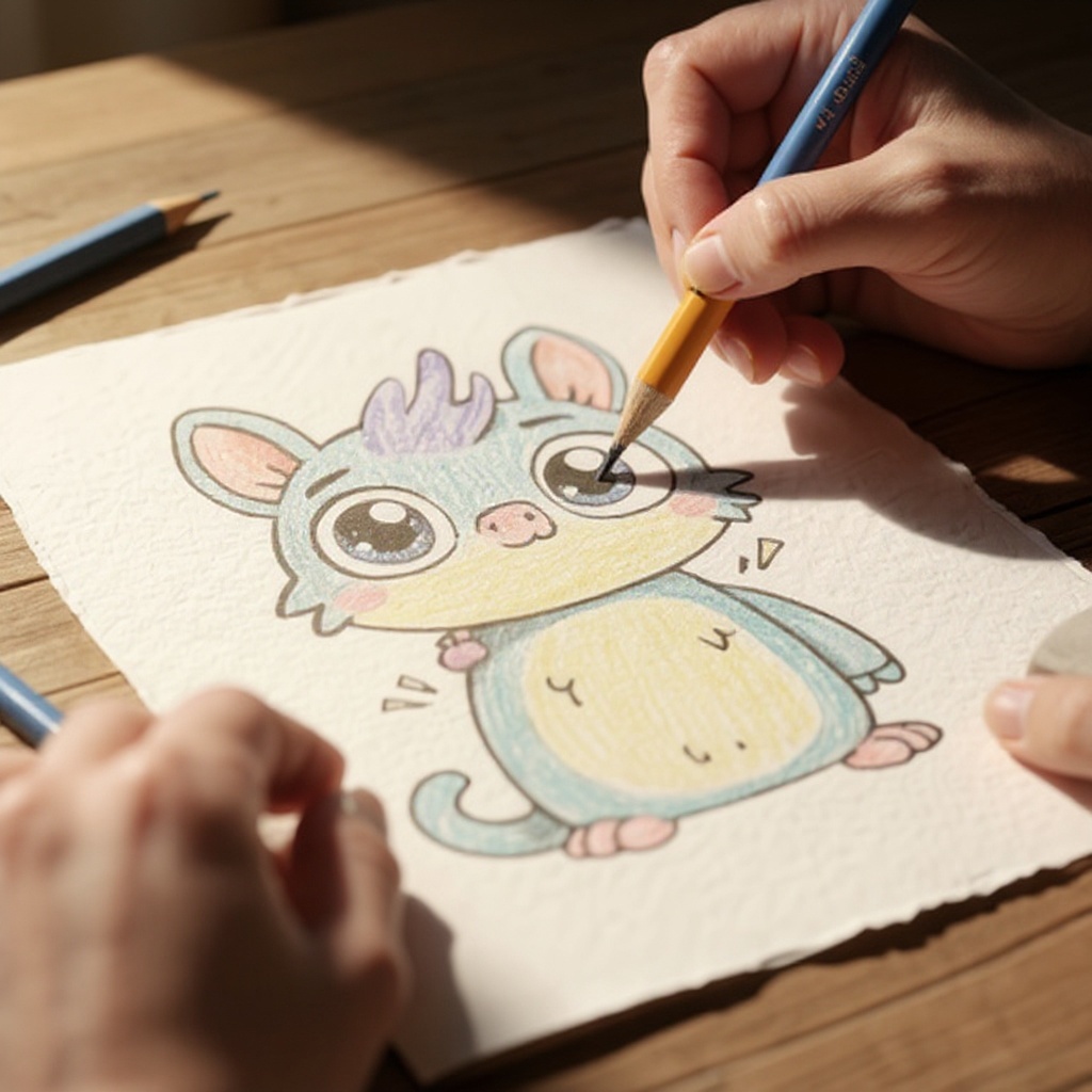 Step 3: Draw two large, almond-shaped eyes on the head, leaving a small gap between them