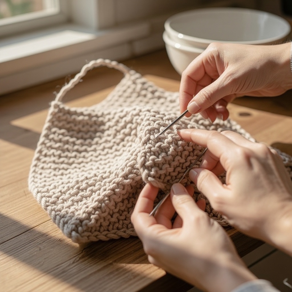 Step 9: Using your left needle, lift the first stitch you knitted over the second stitch