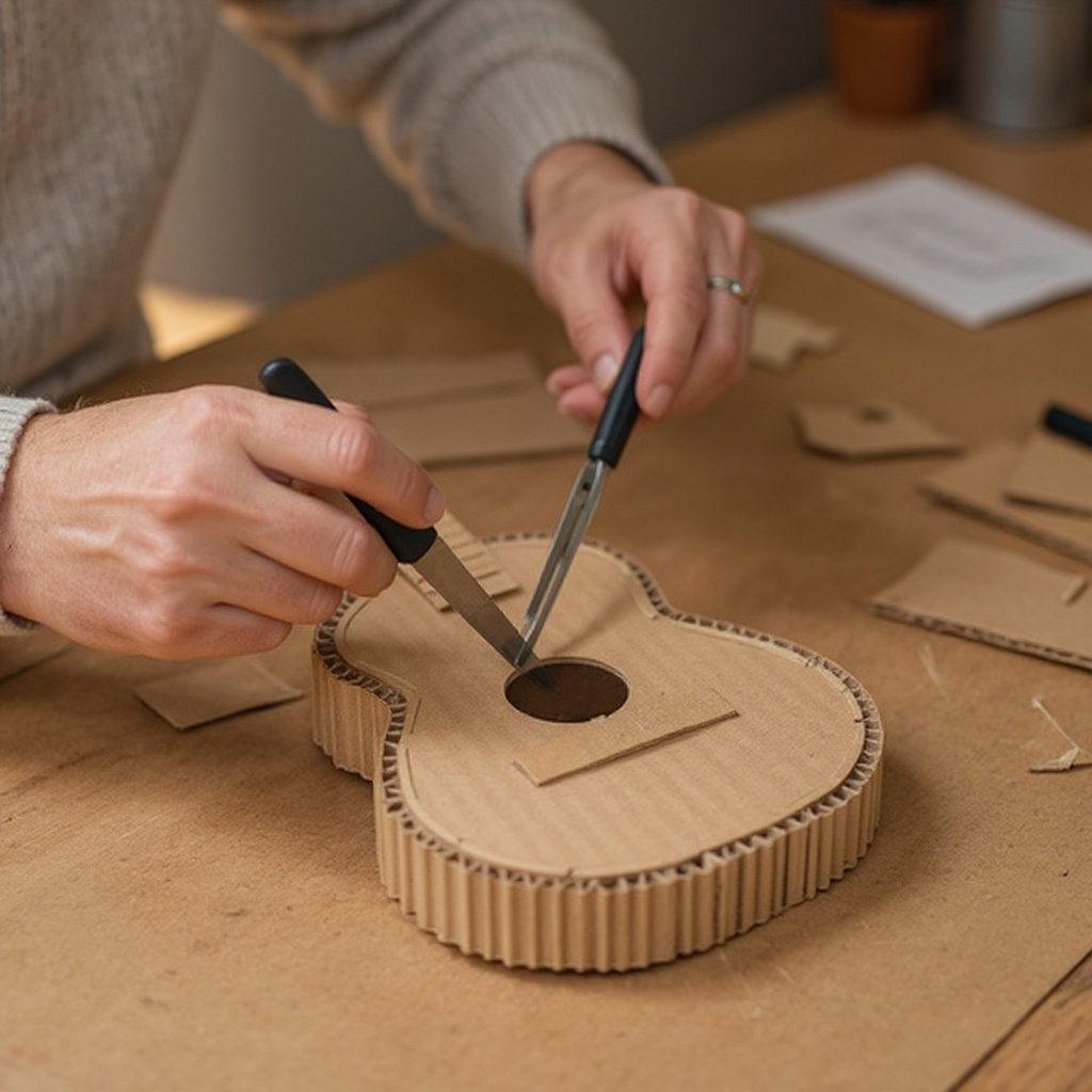 Step 6: On the guitar body, near the bottom edge, make small slits or holes where the ru