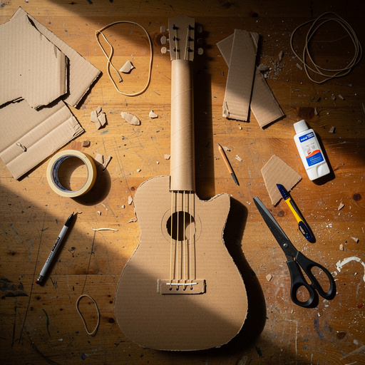 Multiple DIY Cardboard Tube Guitar crafts from above