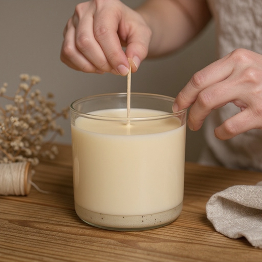 Step 11: Immediately after pouring, center the wick using a popsicle stick or clothespin 