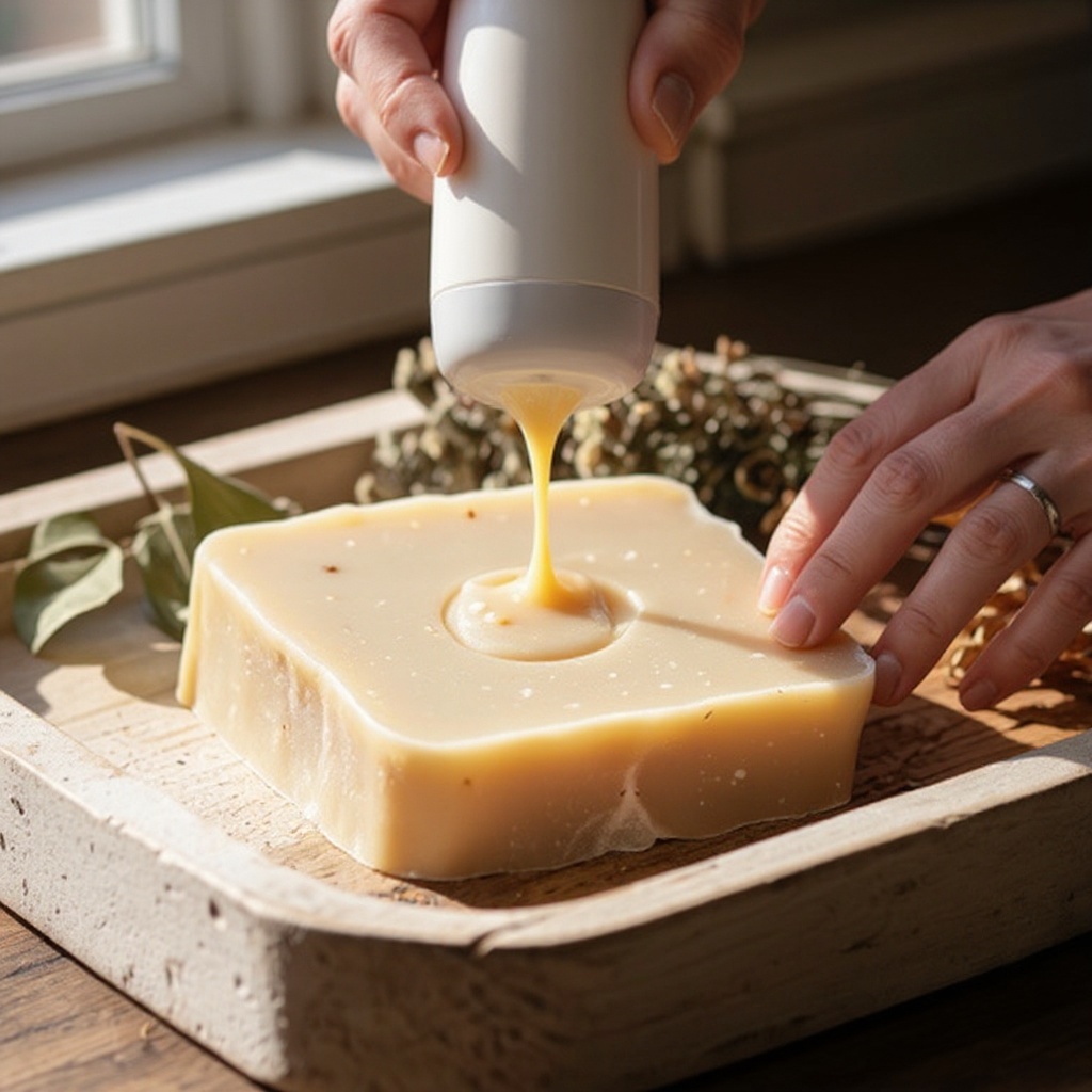 Step 9: Begin mixing the oils and lye solution using an immersion blender. Blend in shor