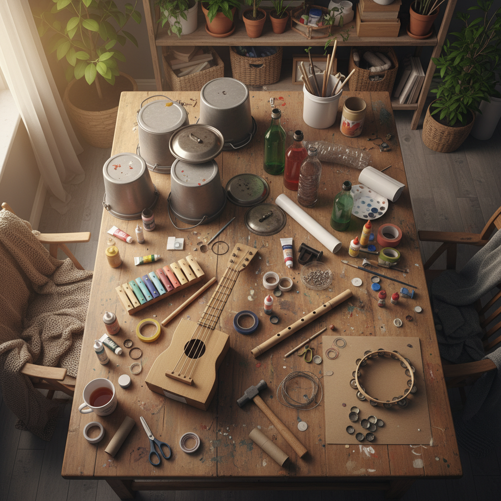 Multiple Recycled Instrument Orchestra crafts from above