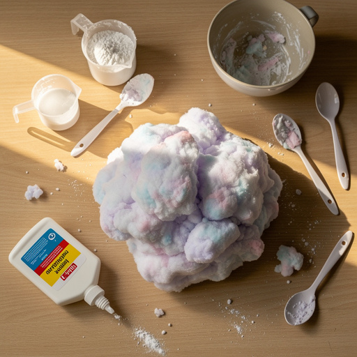 Multiple Fluffy Glue Cloud Dough crafts from above