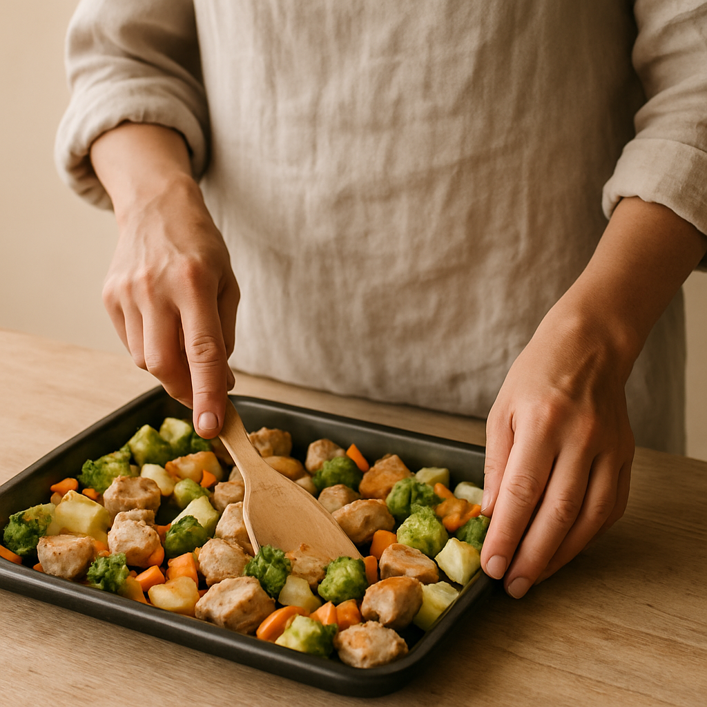 Adult hands in a linen shirt use a wooden spatula to stir chicken, broccoli, potatoes, and carrots on a baking sheet for an Effortless Sheet Pan Supper.