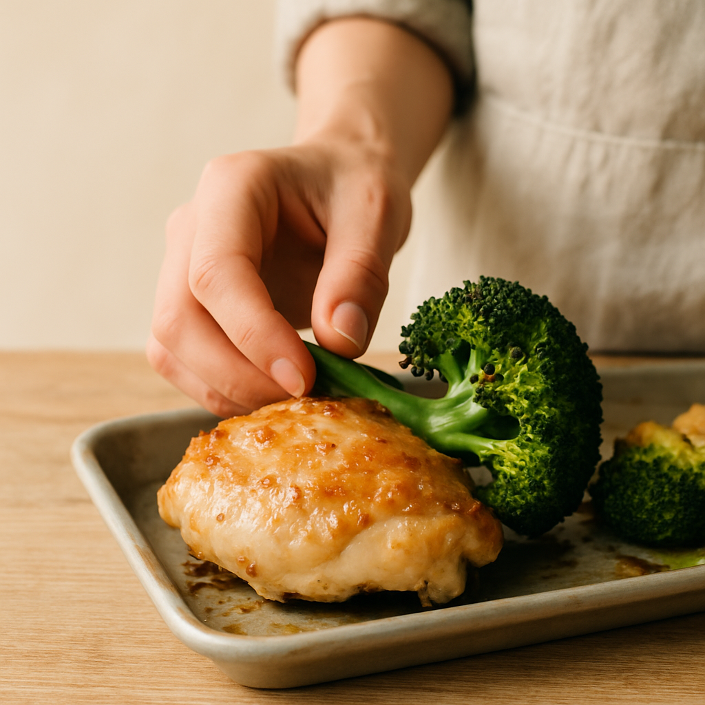 Hand places a tender-crisp broccoli floret next to a golden roasted chicken thigh on a sheet pan for an Effortless Sheet Pan Supper.