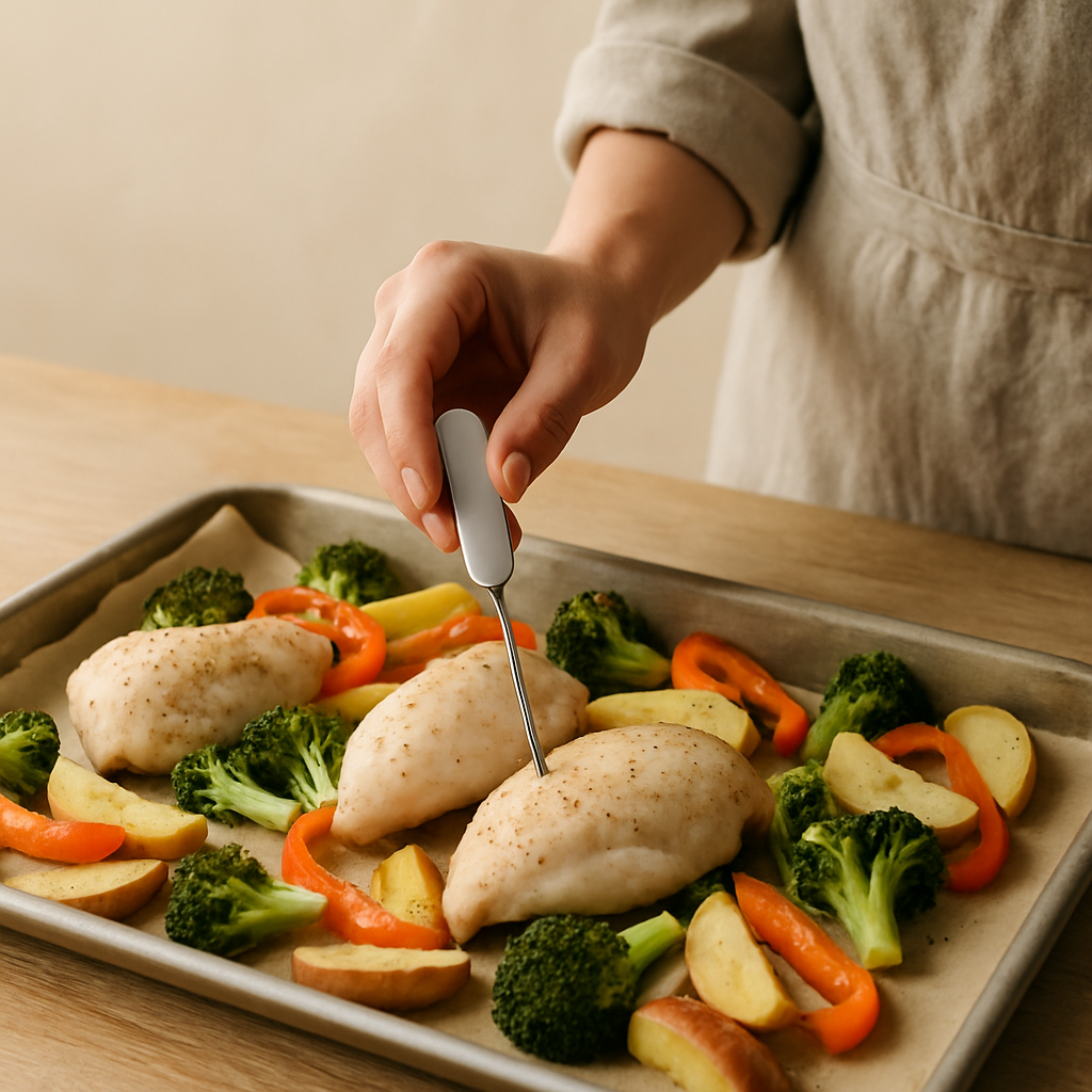 A hand inserts a digital thermometer into a pale chicken breast on a sheet pan with broccoli, bell peppers, and potatoes for an Effortless Sheet Pan Supper.