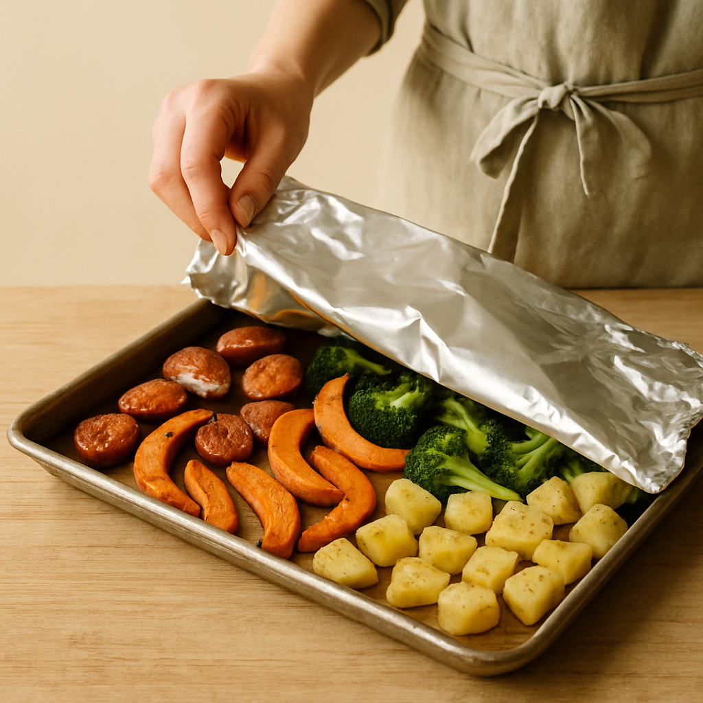A hand tents foil over broccoli and potatoes on a sheet pan with quickly browning sausages and squash for an Effortless Sheet Pan Supper.