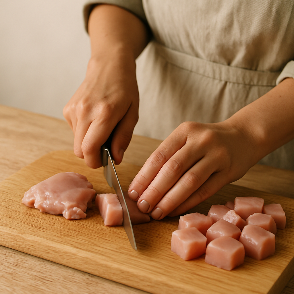 Adult hands trim and dice boneless chicken thighs into uniform 1-inch pieces on a pale oak cutting board for an Effortless Sheet Pan Supper.