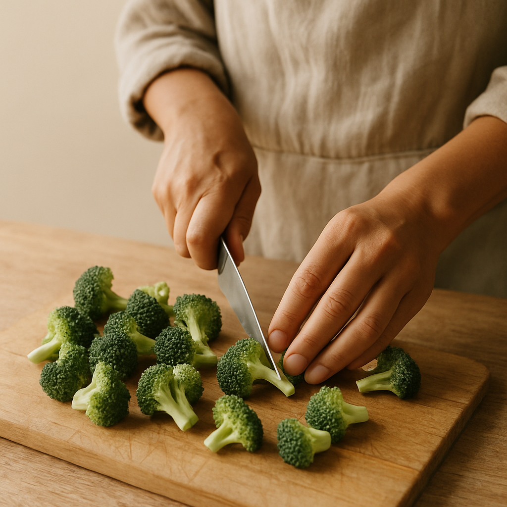 Adult hands chop fresh broccoli florets into bite-sized pieces with a knife on a pale wood cutting board for an Effortless Sheet Pan Supper.