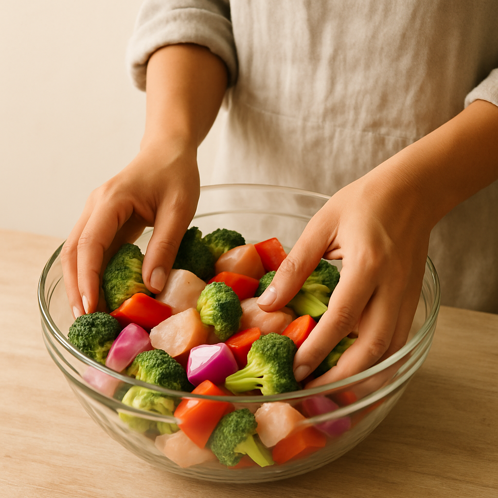 Adult hands gently toss chicken, broccoli florets, red bell pepper, and red onion in a large clear bowl for an Effortless Sheet Pan Supper.