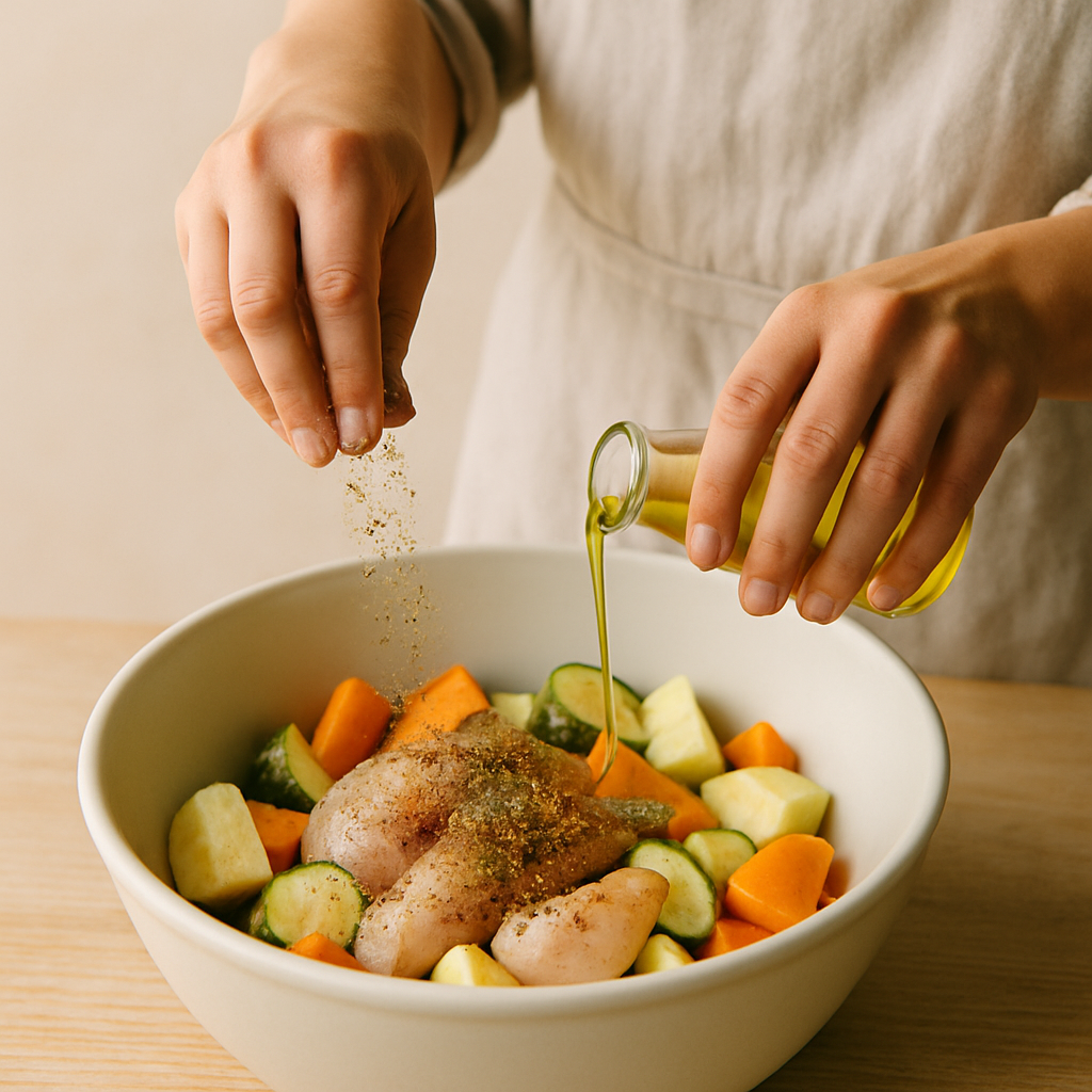Hands sprinkle seasoning and drizzle olive oil onto raw chicken and mixed vegetables in a bowl, preparing an Effortless Sheet Pan Supper.