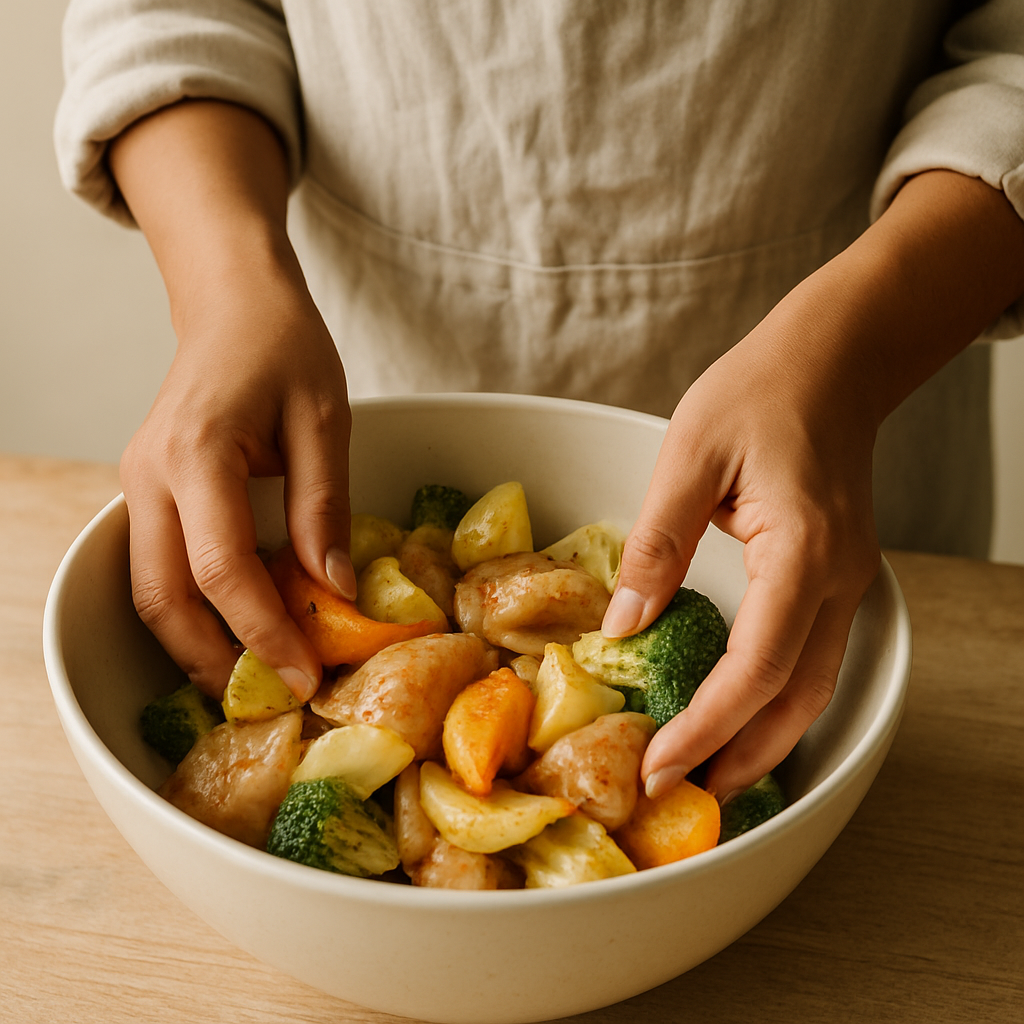 Adult hands toss chicken, potatoes, carrots, and broccoli with oil and seasonings in a bowl for an Effortless Sheet Pan Supper.