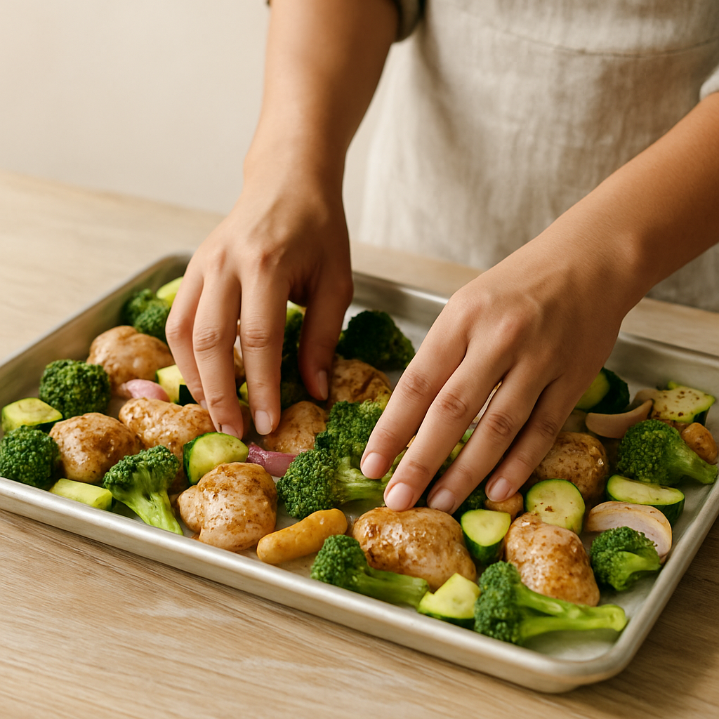 Hands arrange coated chicken, broccoli, zucchini, and red onion in a single layer on a parchment-lined baking sheet for an Effortless Sheet Pan Supper.