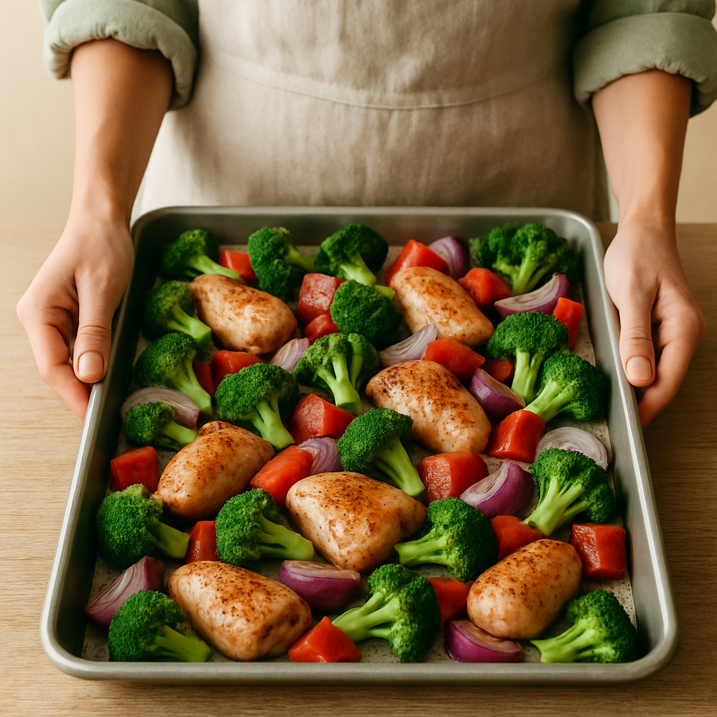 Baking sheet holds chicken pieces, broccoli, red bell pepper, and red onion, evenly layered for an Effortless Sheet Pan Supper.