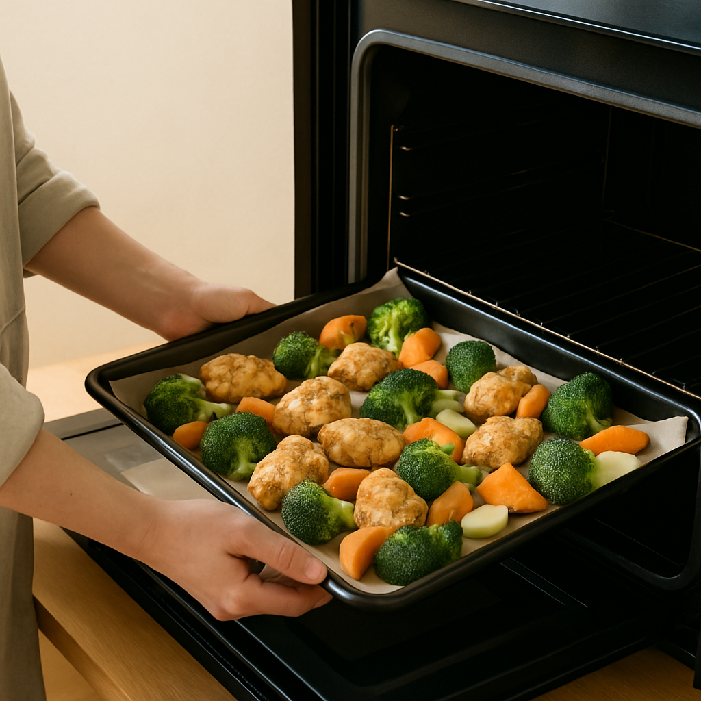 Hands slide a parchment-lined sheet pan with chicken, broccoli, and carrots into a preheated oven for an Effortless Sheet Pan Supper.