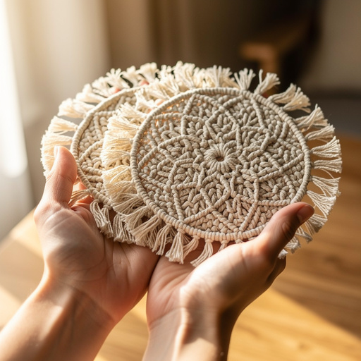 Elegant Macrame Coaster Set held in hand