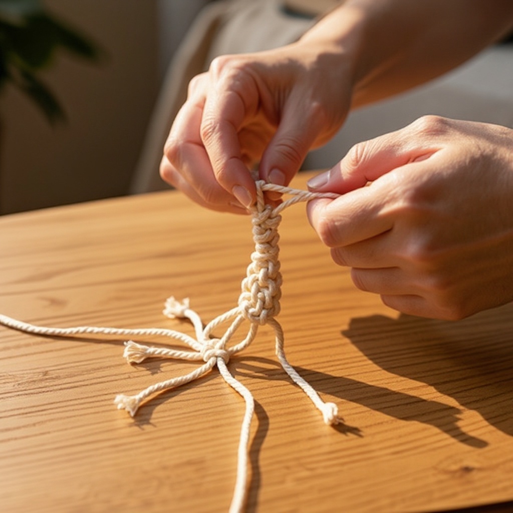 Step 6: Begin creating square knots with each group of four cords. To do this, take the 
