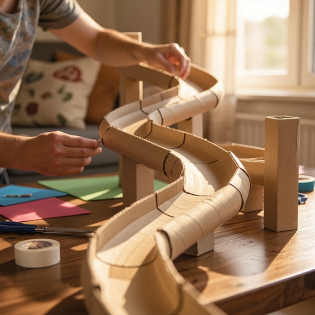Step 6: Continue connecting track pieces, gradually building your marble run. As you add
