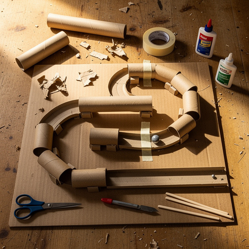 Multiple Cardboard Tube Gravity Track crafts from above