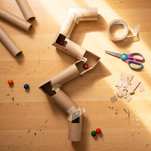 Multiple Cardboard Tube Gravity Chute crafts from above