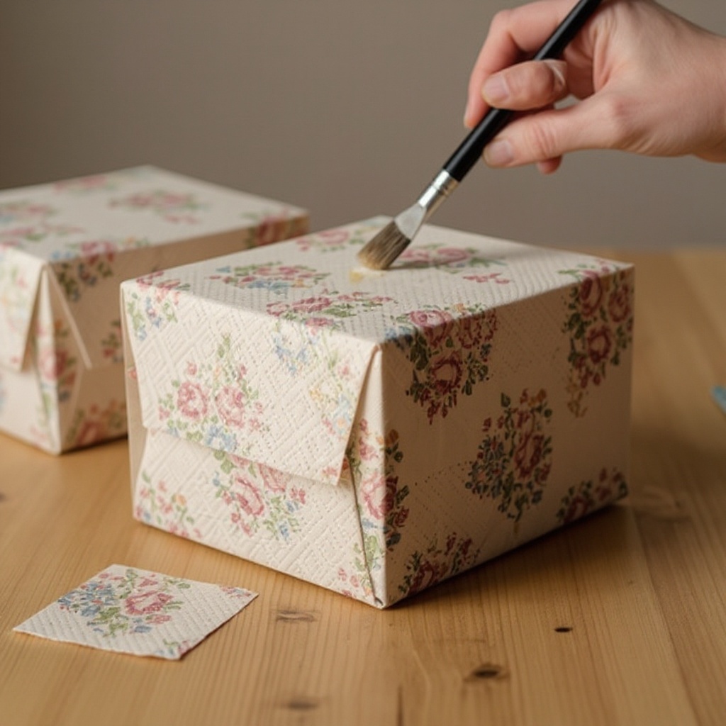 Step 6: Apply a thin, even layer of decoupage glue to the area of the box where you want