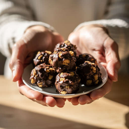 No-Bake Chocolate Biscuit Bites held in hand