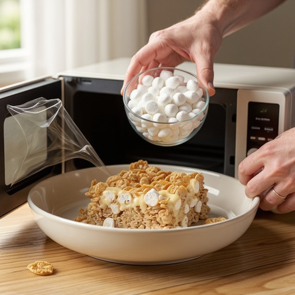 Step 2: Combine marshmallows and butter: In a large, microwave-safe bowl, combine the en