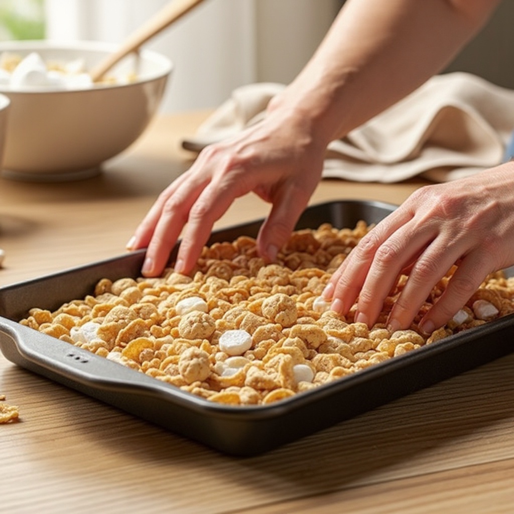 Step 7: Transfer to the prepared pan: Carefully spoon the cereal mixture into the grease