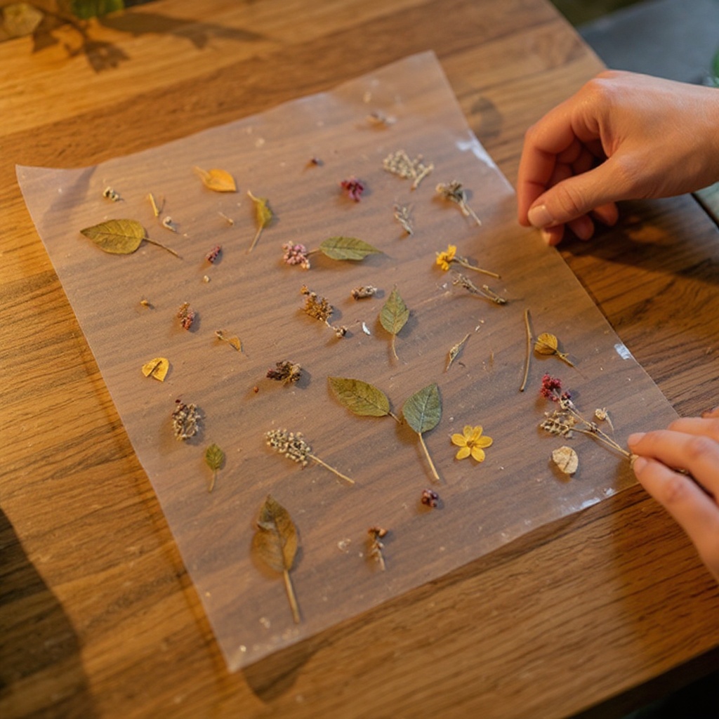 Step 4: Carefully arrange your pressed leaves and flowers onto the sticky surface, leavi