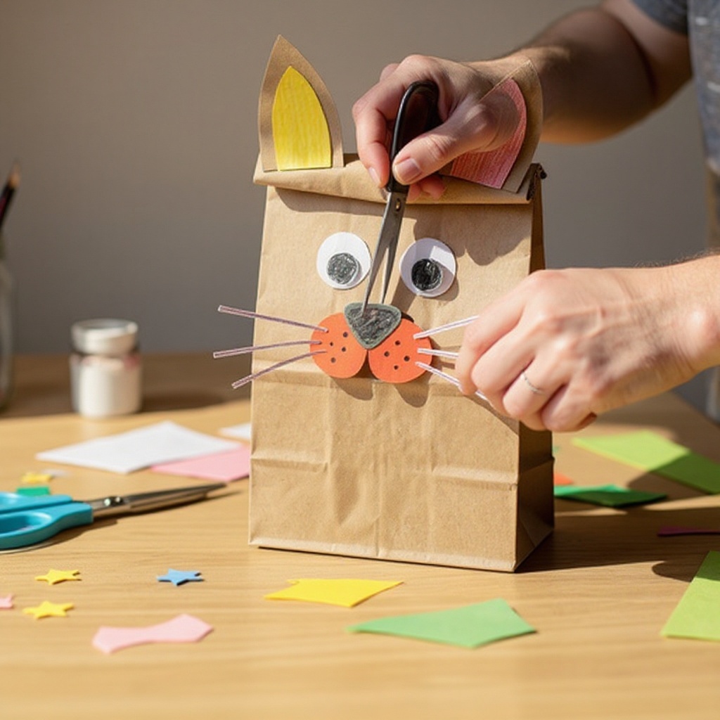 Step 2: To create the puppet's head, carefully fold the bottom flap of the paper bag upw