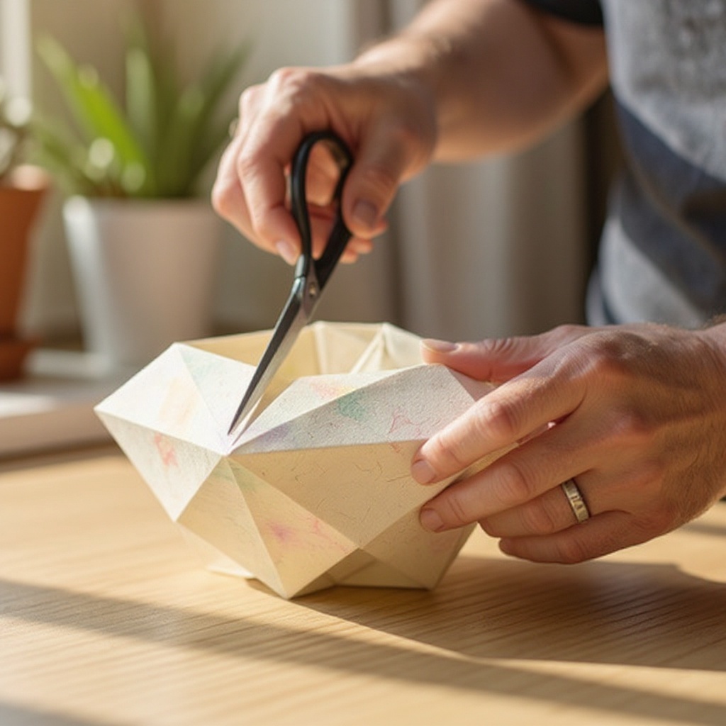 Step 7: Using your scissors, cut along each of the horizontal creases from the folded ed