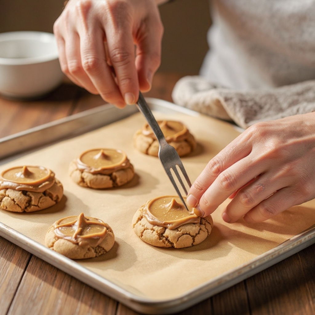 Step 6: Use a fork to gently press a criss-cross pattern onto the top of each cookie bal