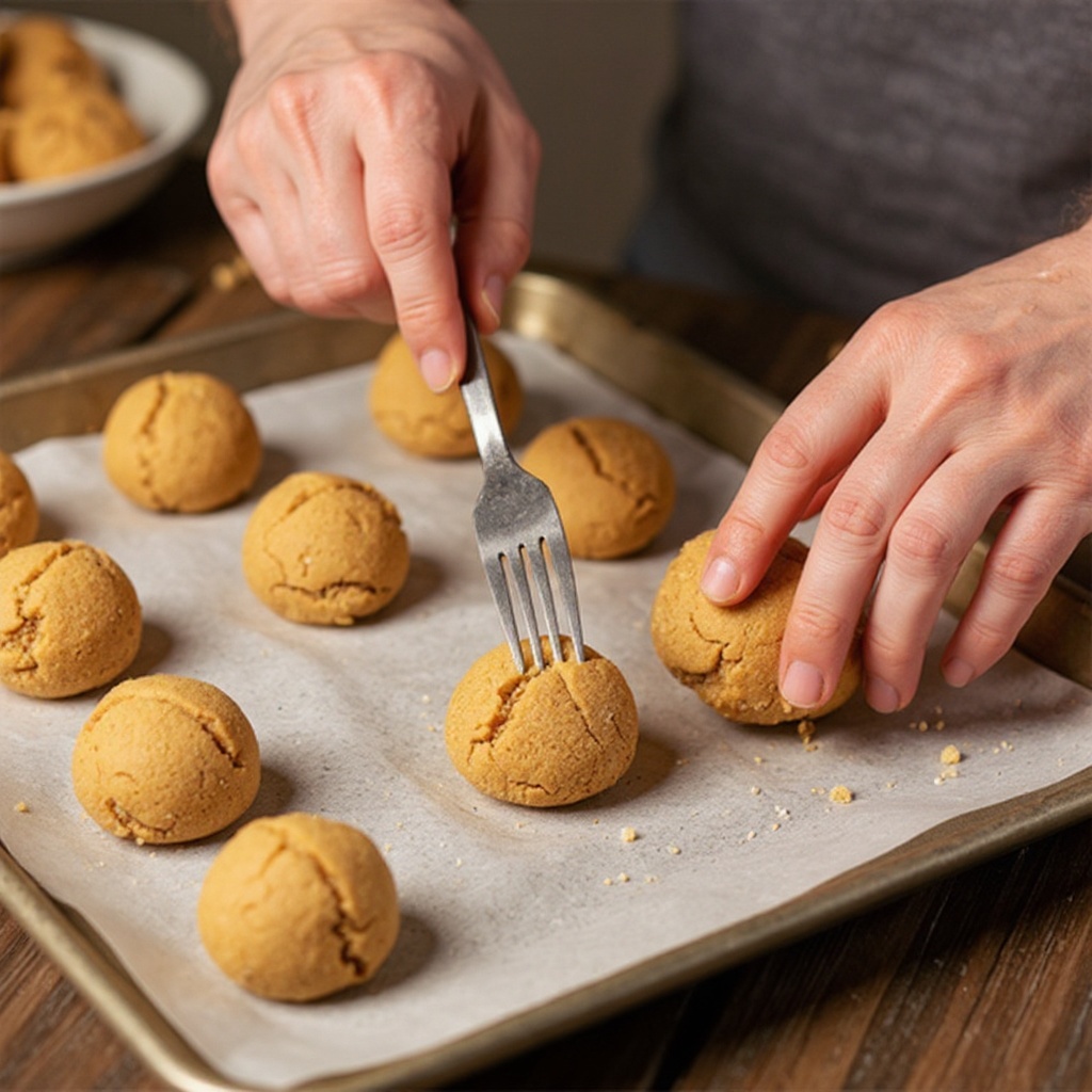 Step 9: Using a fork, gently press down on each cookie ball to create the classic criss-