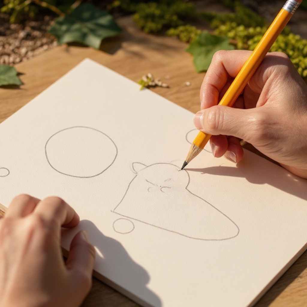 Step 1: Lightly sketch a large oval for the body of your first creature, like a sleepy b