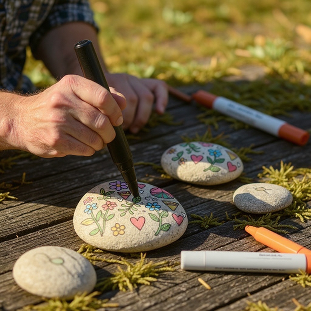 Step 3: Begin drawing your design directly onto the rock with the permanent markers. Use