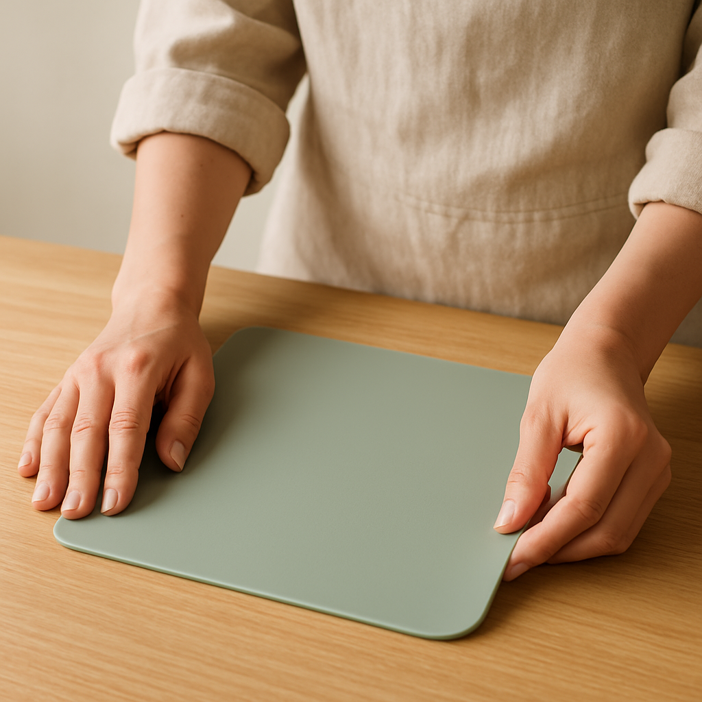 Adult hands place a green silicone mat on a light wood table, preparing a clean surface for Playfoam sculpting.