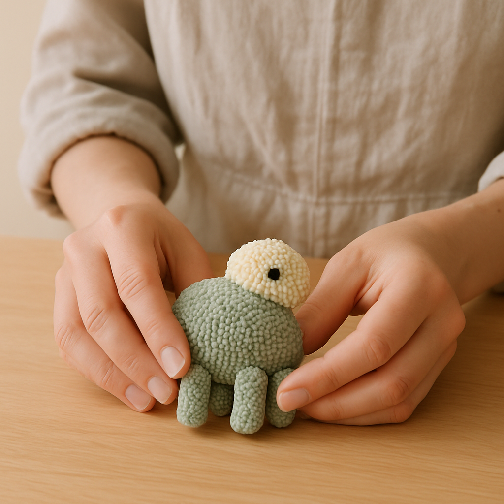 Adult hands hold a green Playfoam creature with a cream head and four green cylindrical legs on a wood table.