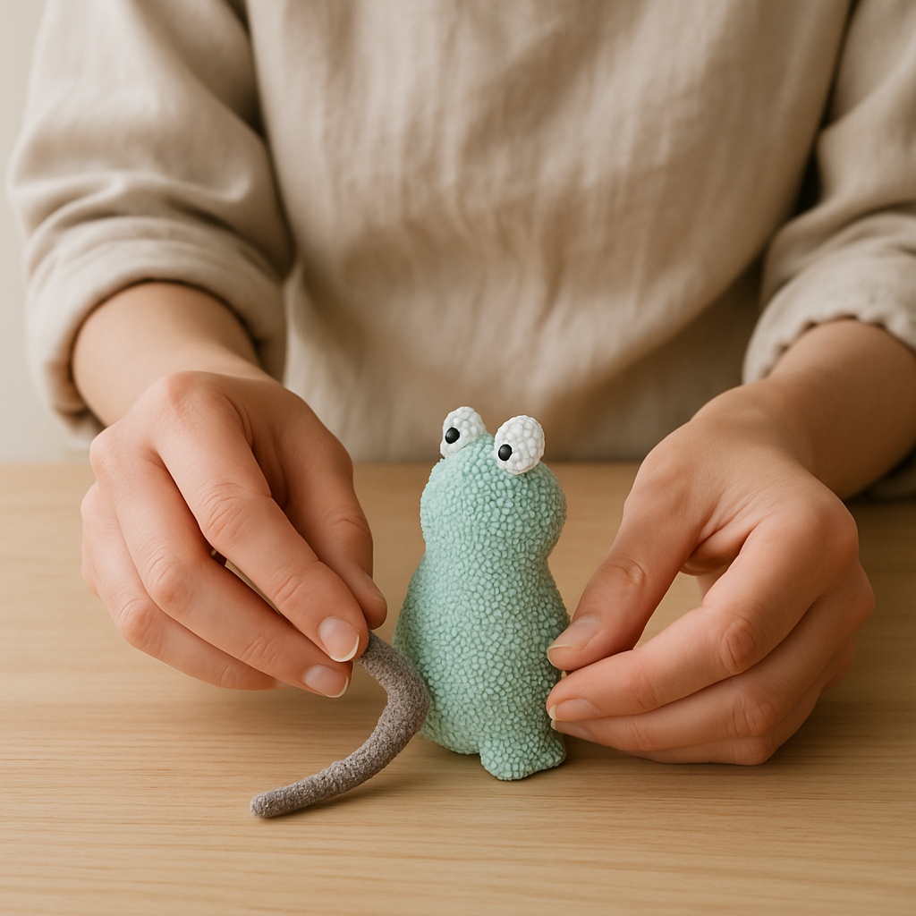 Adult hands attach a grey Playfoam tail to a green Playfoam creature's rear on a light wood table. The tail slightly droops.