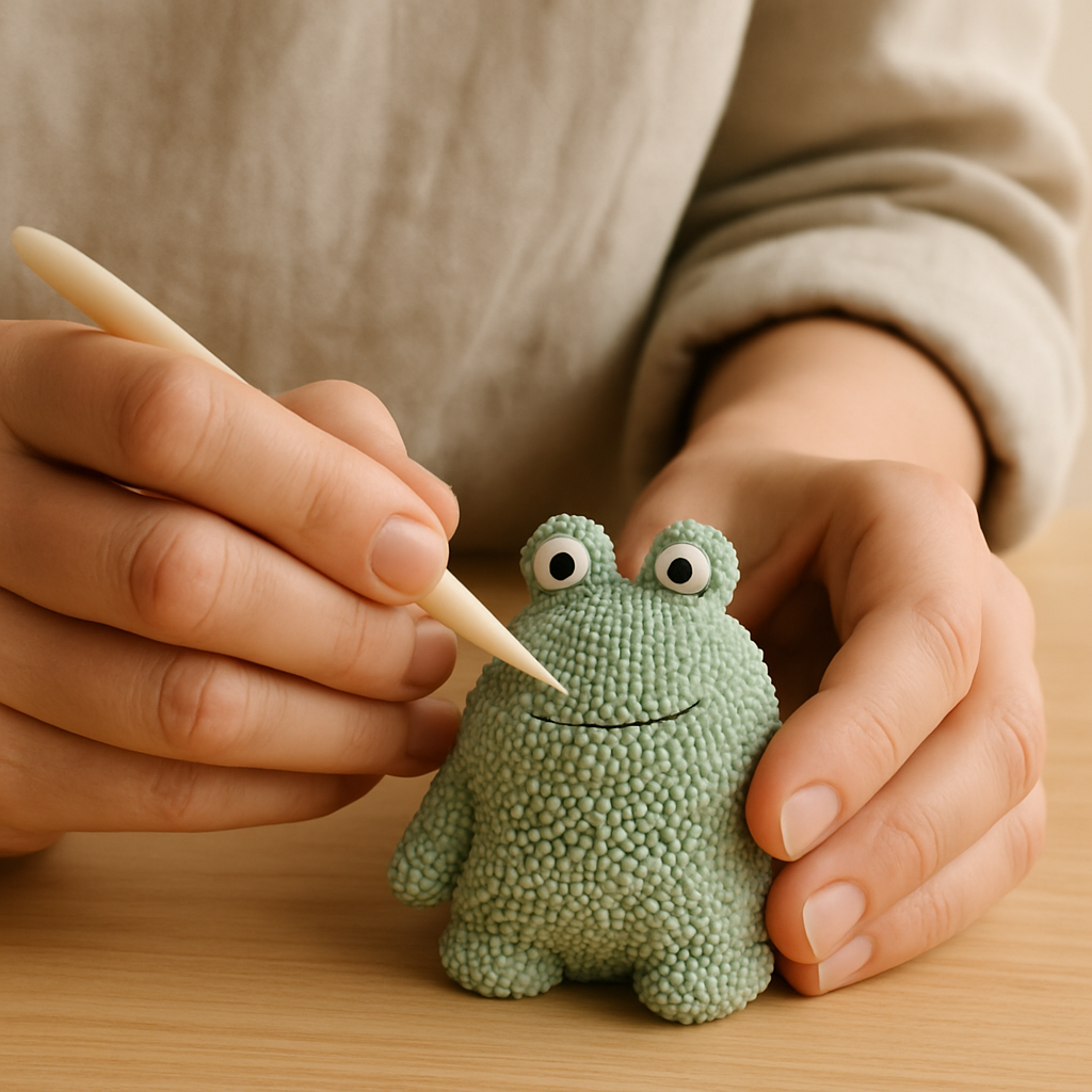 Adult hands use a beige plastic sculpting tool to press a shallow smile onto a green Playfoam creature's face, adding personality to the craft on a light wood table.
